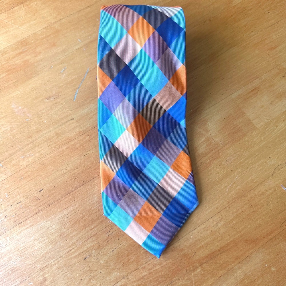 Tommy Hilfiger Mens Silk Tie Blue Orange Brown Plaid Buffalo Check Necktie